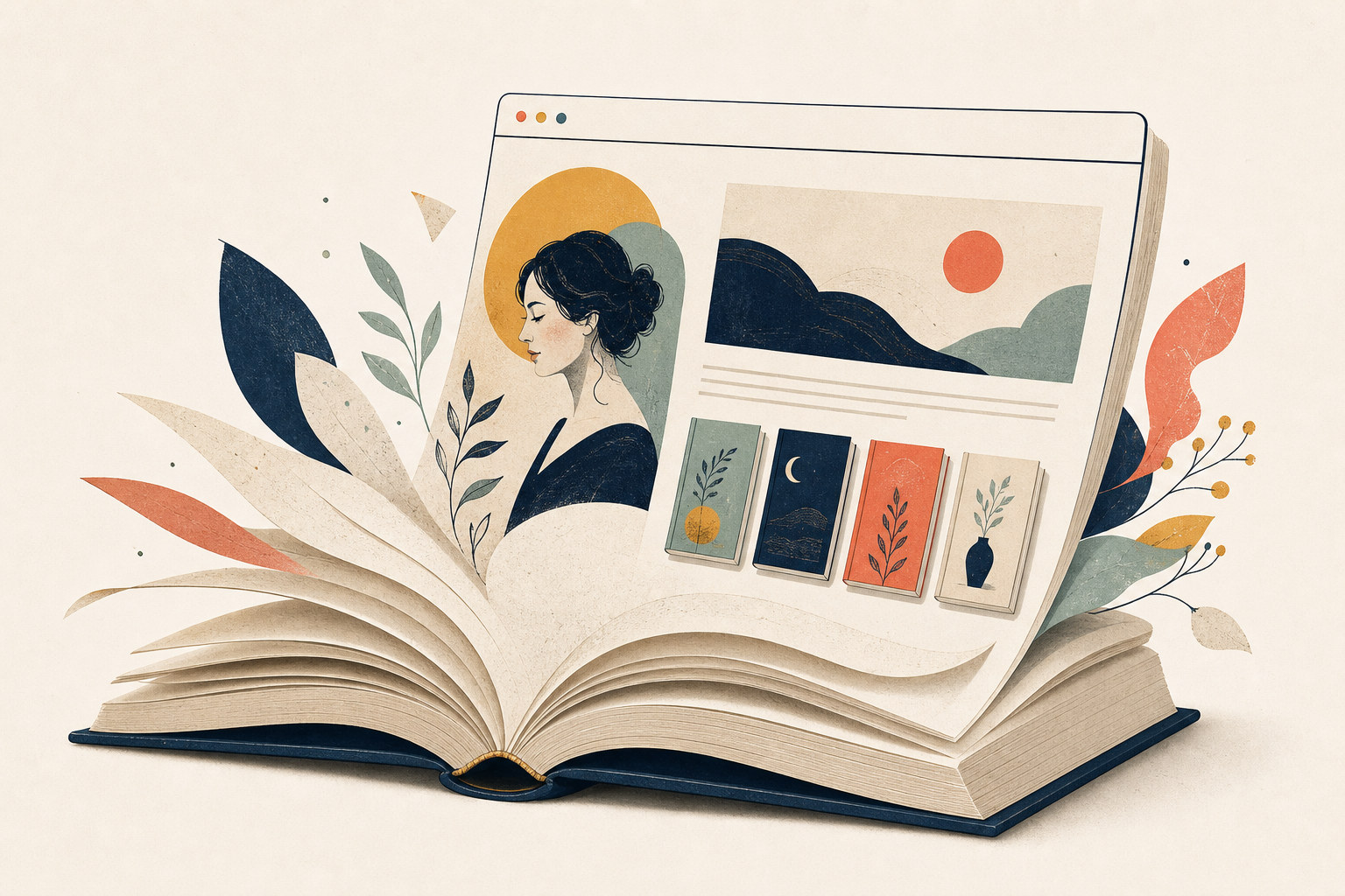Un libro abierto cuyas páginas se transforman en la web personal de una autora